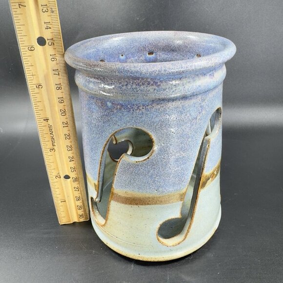 Vintage Red Rock Pottery Stoneware Tea Light Holder Votive Hand Carved Signed - Picture 3 of 13